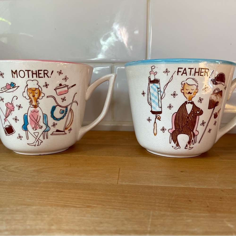 Vintage Mid-Century 50’s Kitsh Collectible Mother and Father Mugs Teacups